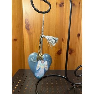 Angel Peace Heart Ornament Lock & Key Blue Gold Tassel 4" Christmas Decor
